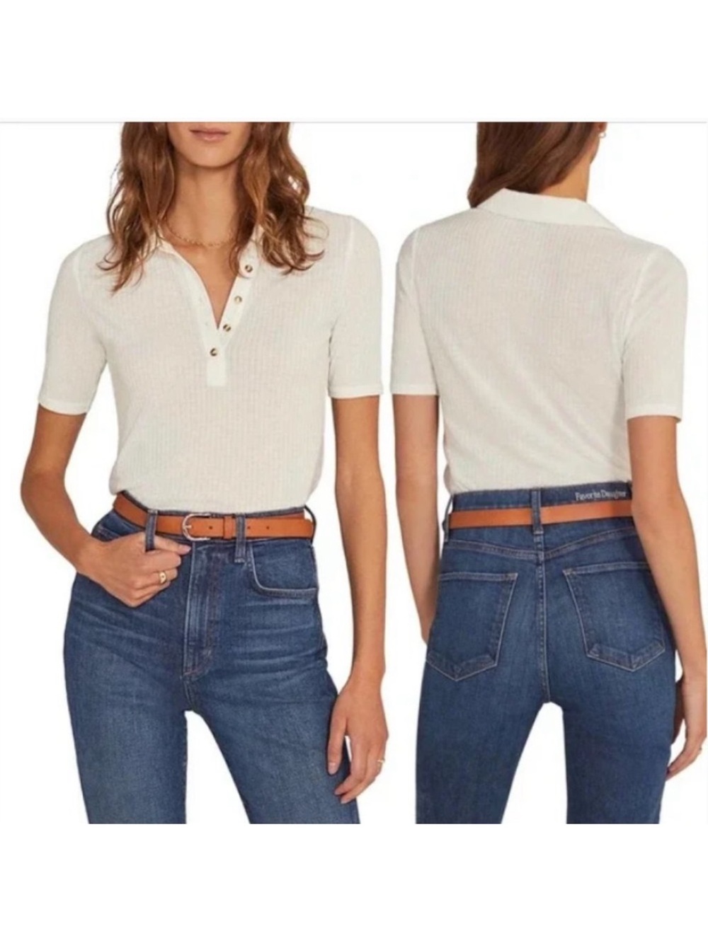 FAVORITE DAUGHTER Ivory Erin Ribbed Polo Short Sleeve Blouse XL NWT
